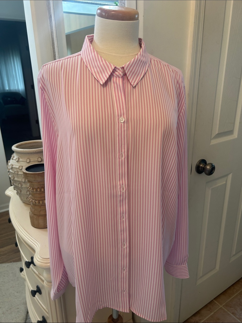 NWT ON.34TH Pink and White Vertical Stripe Button-Up Shirt